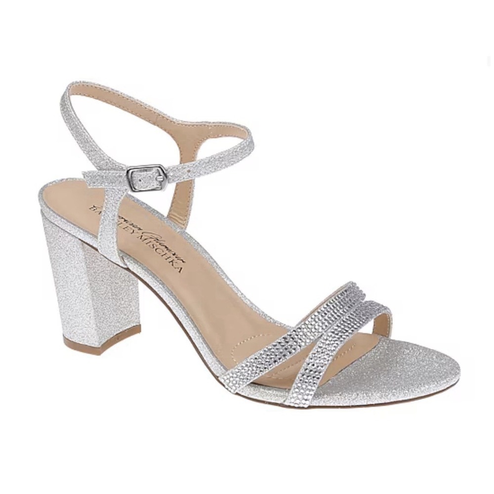 Badgley Mischka American Glamour Silver Glitter Block Heel Sandals Sz 9.5